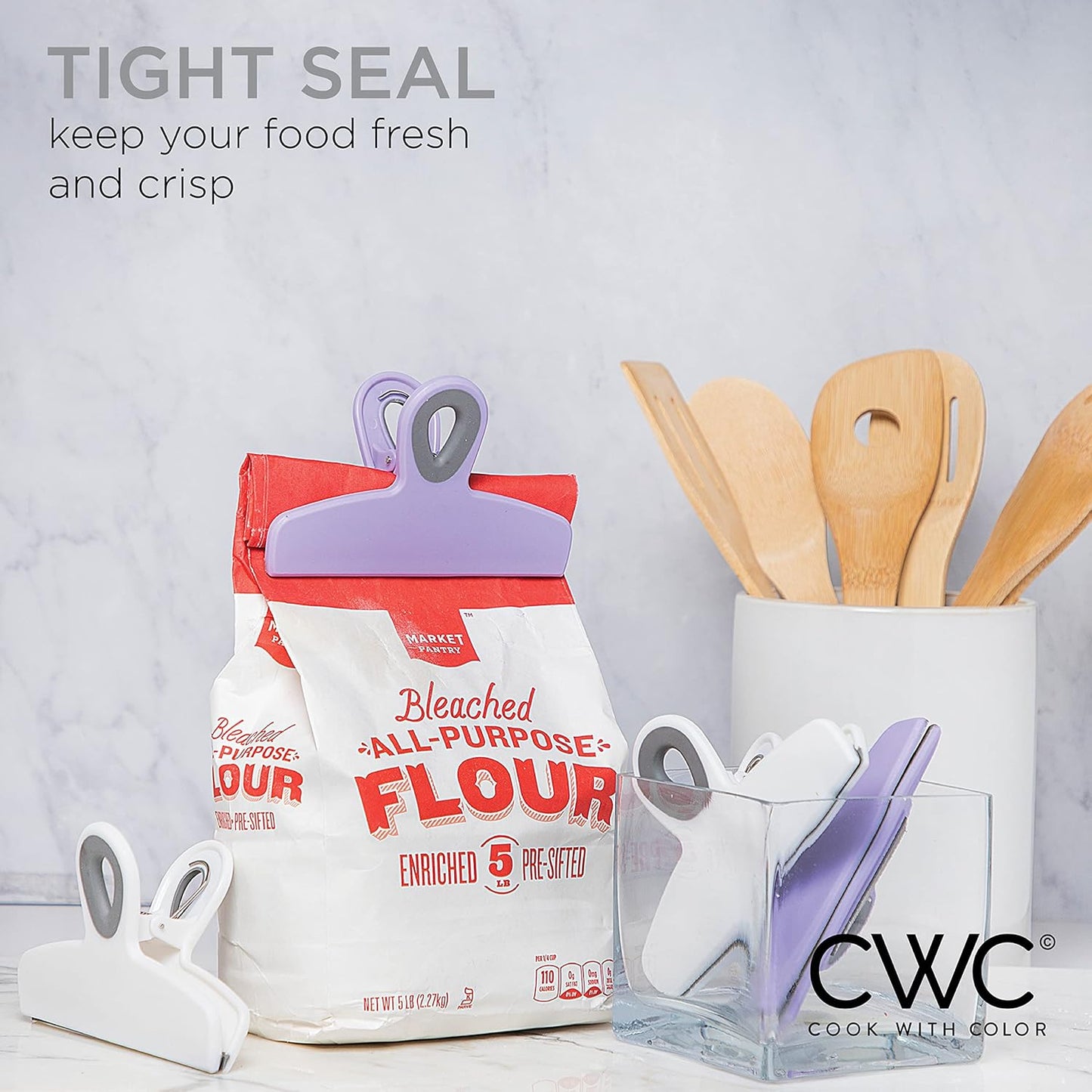 COOK WITH COLOR Bag Clips - Heavy Duty Chip Clip and Refrigerator Magnet Clips for Food Storage with Air Tight Seal Grip, Lavender, Pack of 4 Large Clips