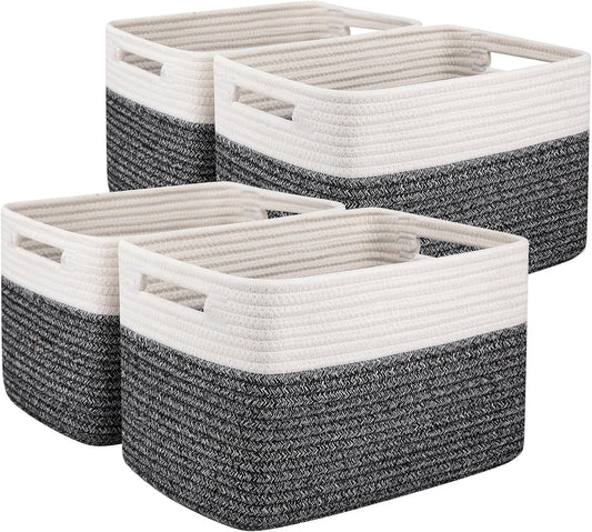 OIAHOMY 4 Pack Storage Baskets for Organizing, Basket for Shelves with Handle, Woven Baskets for Storage Toys, Towels, Books, Cotton Rope Basket 13" L x 9 " W x 7.8 " H, Black & White