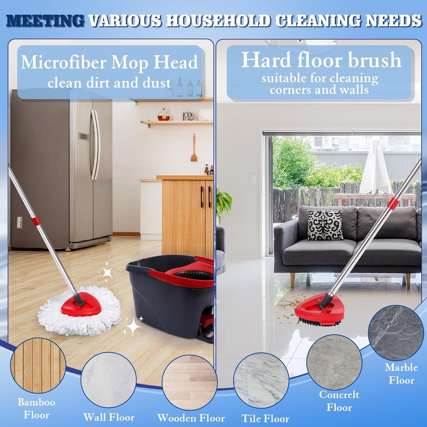 6 Pack Mop Replacement Heads Compatible with Oceda EasyWring 1-Tank System - Includes 2 Mop Scrub Brush Head, Microfiber Mop Refills, Easy Cleaning Mop Head Replacement（White)