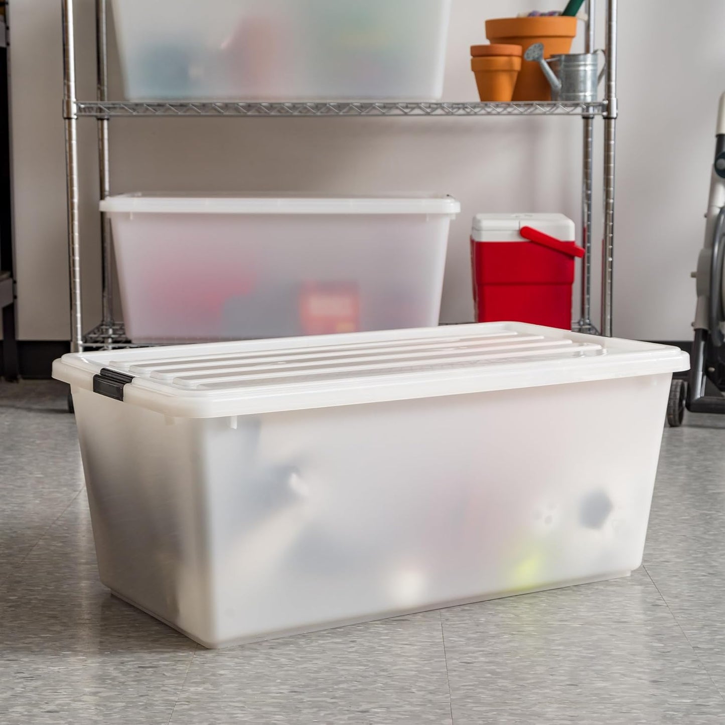 IRIS USA 91 Qt Stackable Plastic Storage Bins with Lids, 4 Pack - BPA-Free, Discreet Organizing Solution, Latches, Durable Nestable Containers, Secure Pull Handle, Made in USA - Pearl