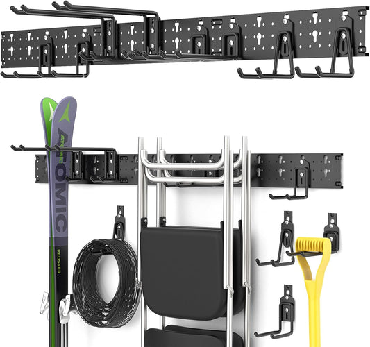 Ultrawall Garage Storage Organization, Versatile Storage Hooks Garden Tool Organizer Wall Mount, 48 Inch Yard Tool Organizer Hangers for Shovels, Rakes, Ladders, 15pcs Black
