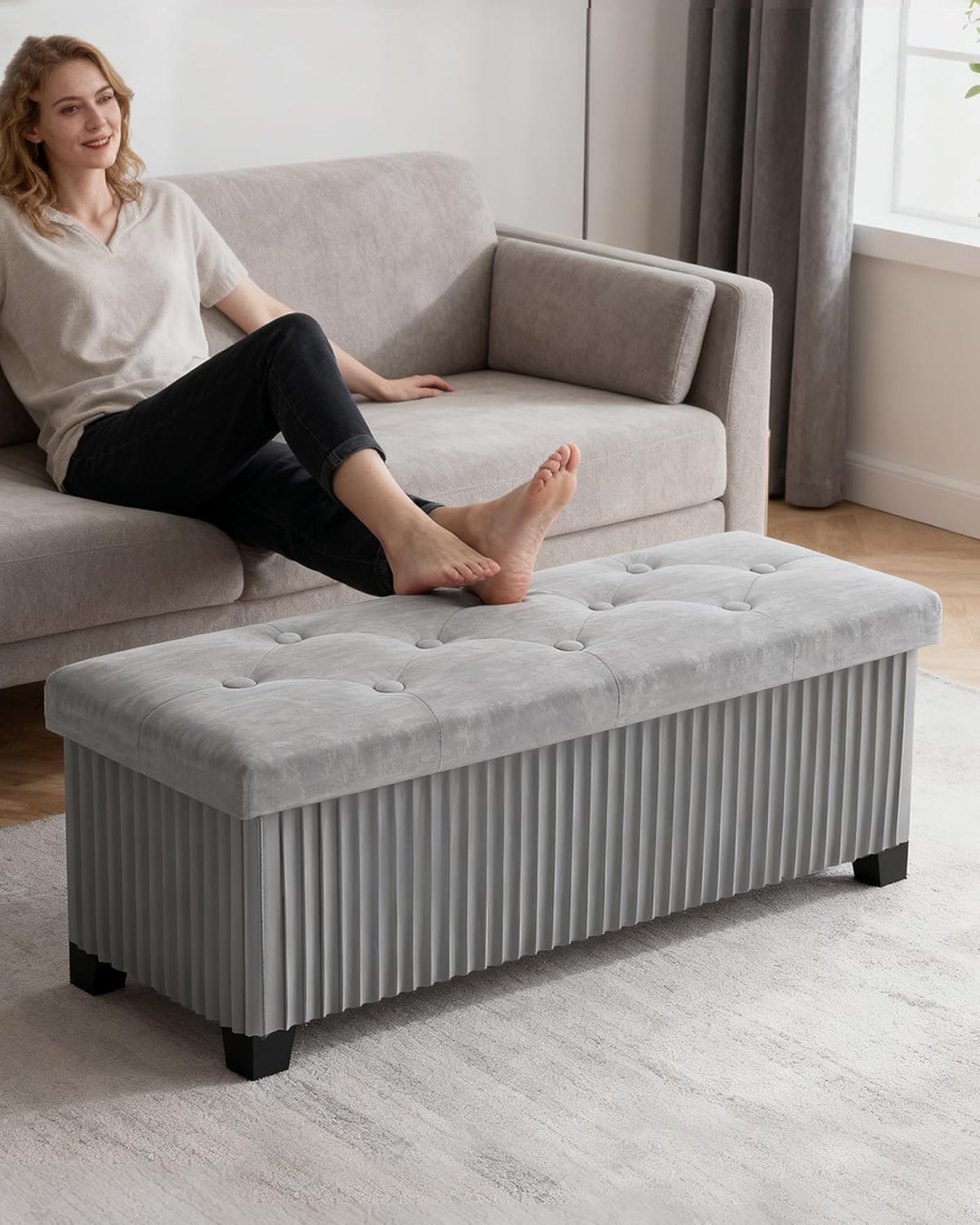 Storage Ottoman Bench, 43 Inch Foldable Ottoman with Legs, Velvet Foot Rest Stool, End of Bed Bench, Storage Chest for Living Room, Bedroom (Grey)