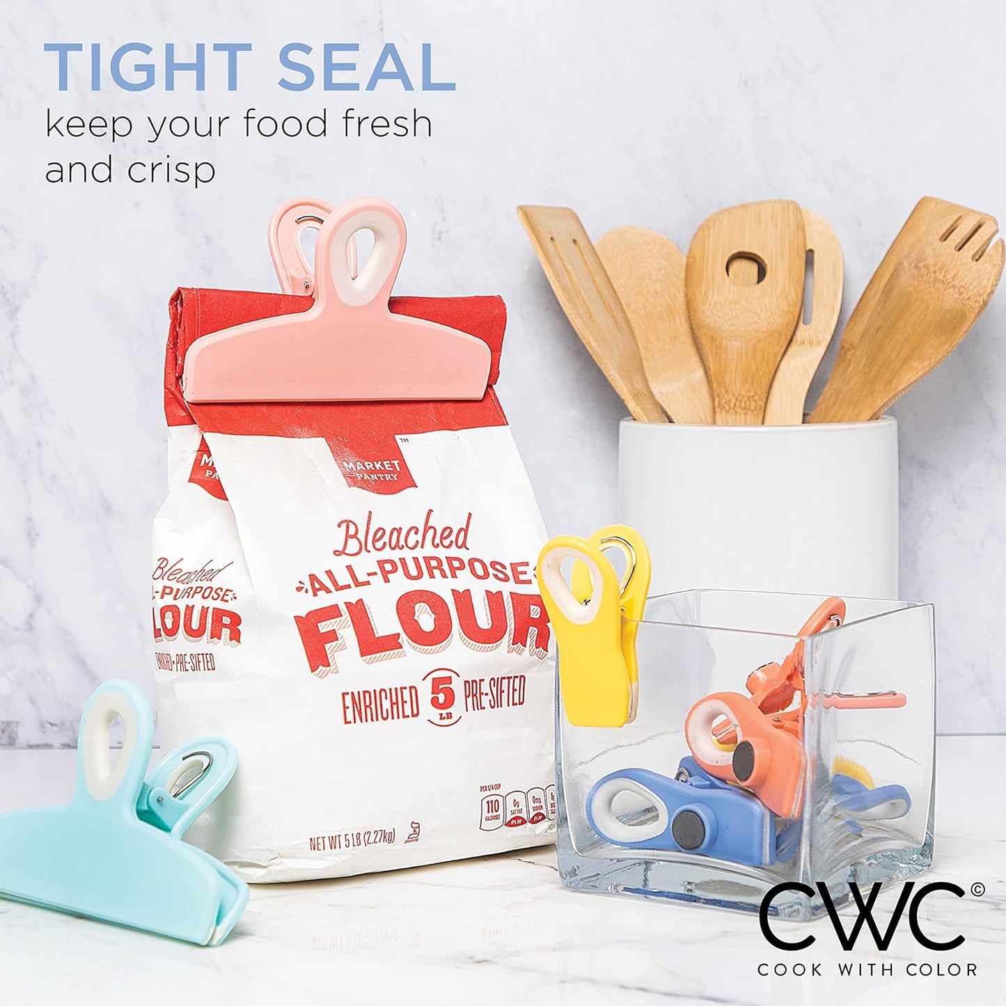 COOK WITH COLOR Bag Clips - Heavy Duty Chip Clip and Refrigerator Magnet Clips for Food Storage with Air Tight Seal Grip, Bright Colors, Pack of 8