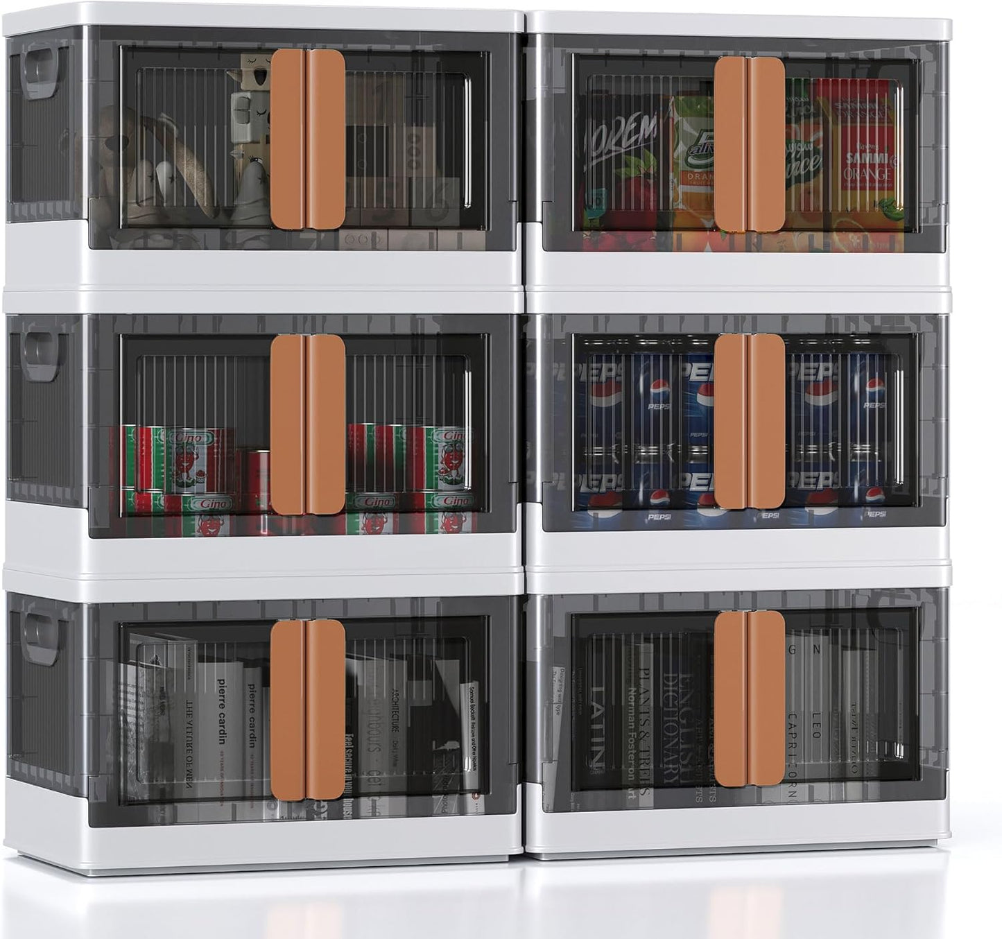 8.4Gal Collapsible Storage Bins with Lids & Wheels - 6 Pack Stackable with Doors, Heavy-Duty Plastic Containers for Home/Office, White