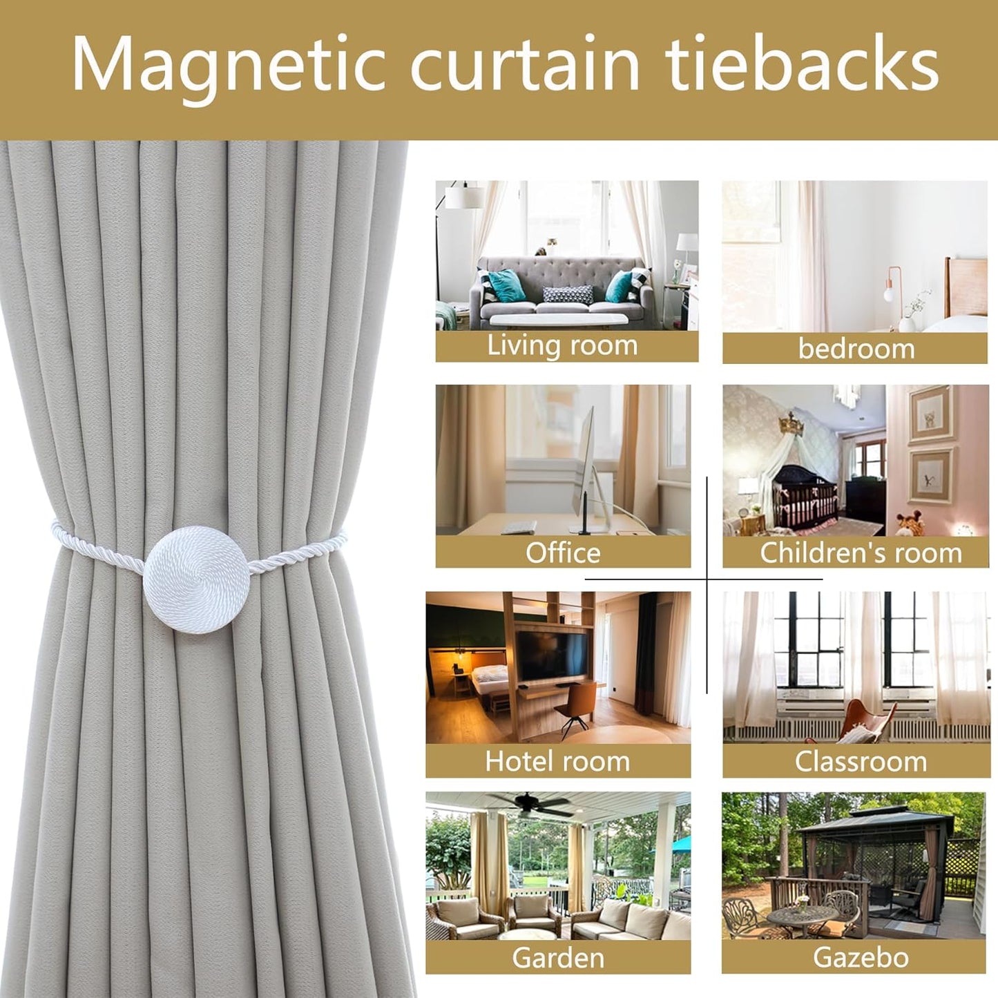 Magnetic Curtain Tiebacks - 12mm Magnetic Tie Backs for Curtains, Heavy Duty No Drill Curtain Holdbacks for Home/Office Windows Drapes, Elegant Gift-Ready Design 7 Colors (4, White)