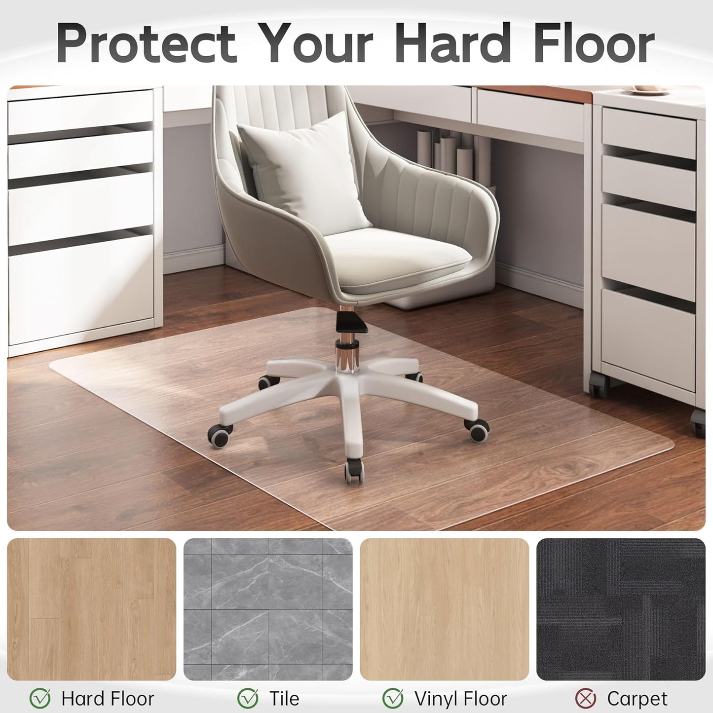 Office Chair Mat for Hardwood Floor, 58" x 44" Clear Computer/Desk Chair Mat for Hard Floor, Thicker, Easy Glide, Non-Slip, Protects Hard Surfaces from Scratches, Ideal for Home or Office