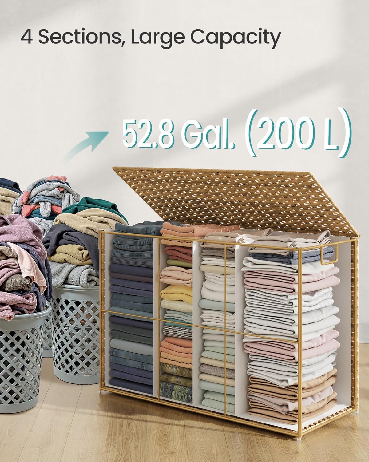 SONGMICS Laundry Hamper with Lid, 200 L Clothes Hamper with 2 Removable Liner Bags, 6 Mesh Bags, Wicker Laundry Basket, Double Laundry Hamper for Bathroom, 15.7 x 33.9 x 24 Inches, Natural ULCB452Y01