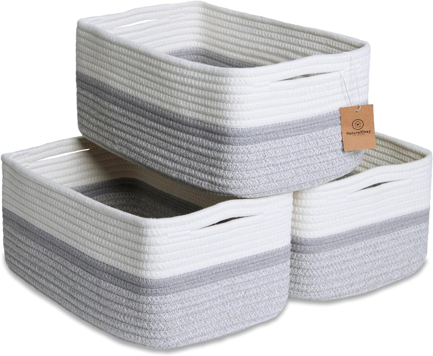 NaturalCozy 13.5”x8.5”x5.5” Storage Baskets for Shelves 3 Pack | Cotton Rope Woven Small Baskets for Organizing | Small Storage Bins for Nursery, Bathroom, Closet, Cube Shelf, Decorative, Gift