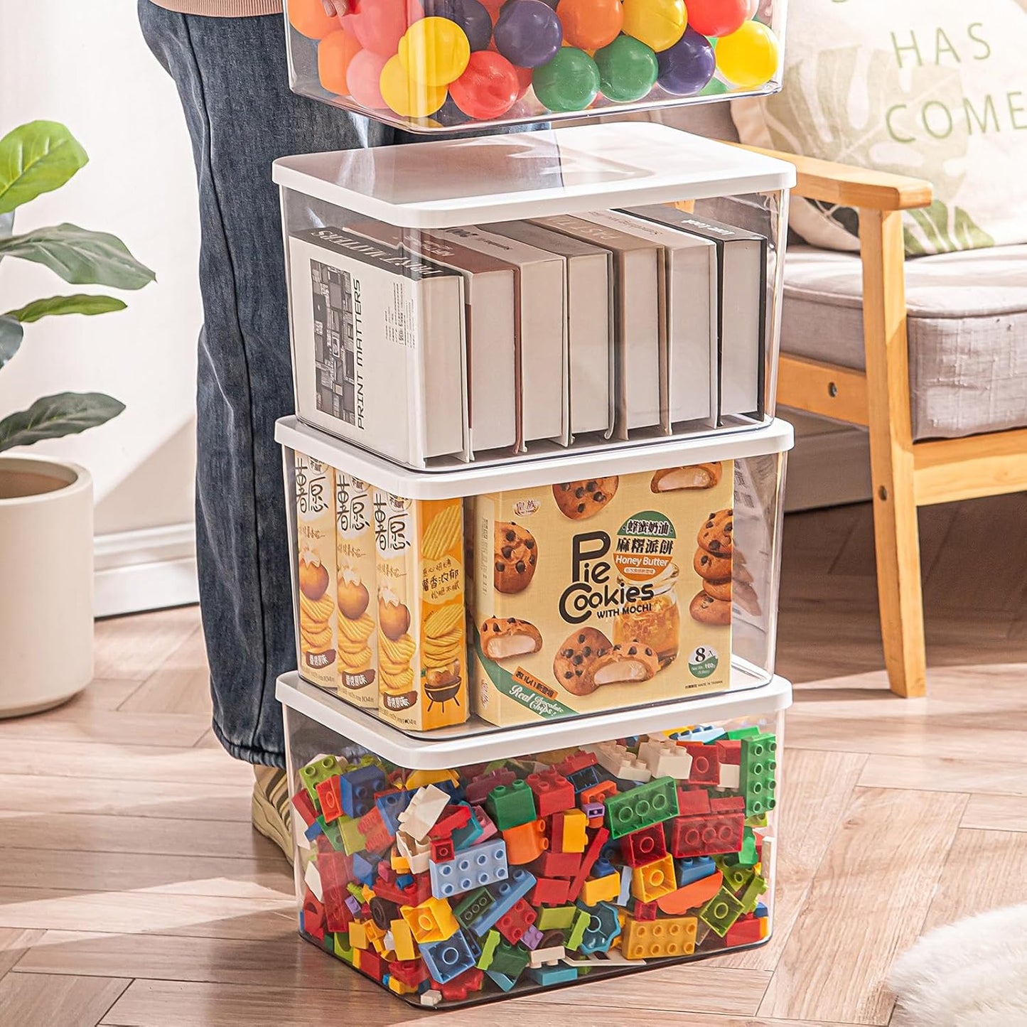 Clear plastic storage bins with LIDS-4packs,storage containers for snacks, cosmetics, books, dog food, Storage Organizer for Nursery，Kitchen, Living room,Bedroom, Bathroom, Office (Clear-White Lid)