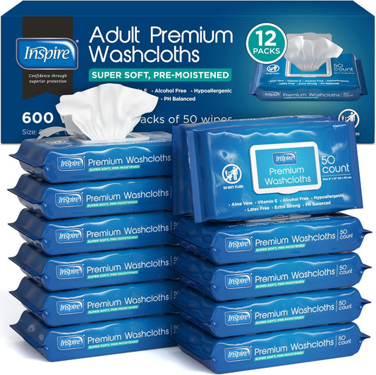 Inspire Adult Wet Wipes, Wash Cloths | Adult Wipes for Incontinence & Cleansing for Elderly, 8"x12" Count 12 packs of 50