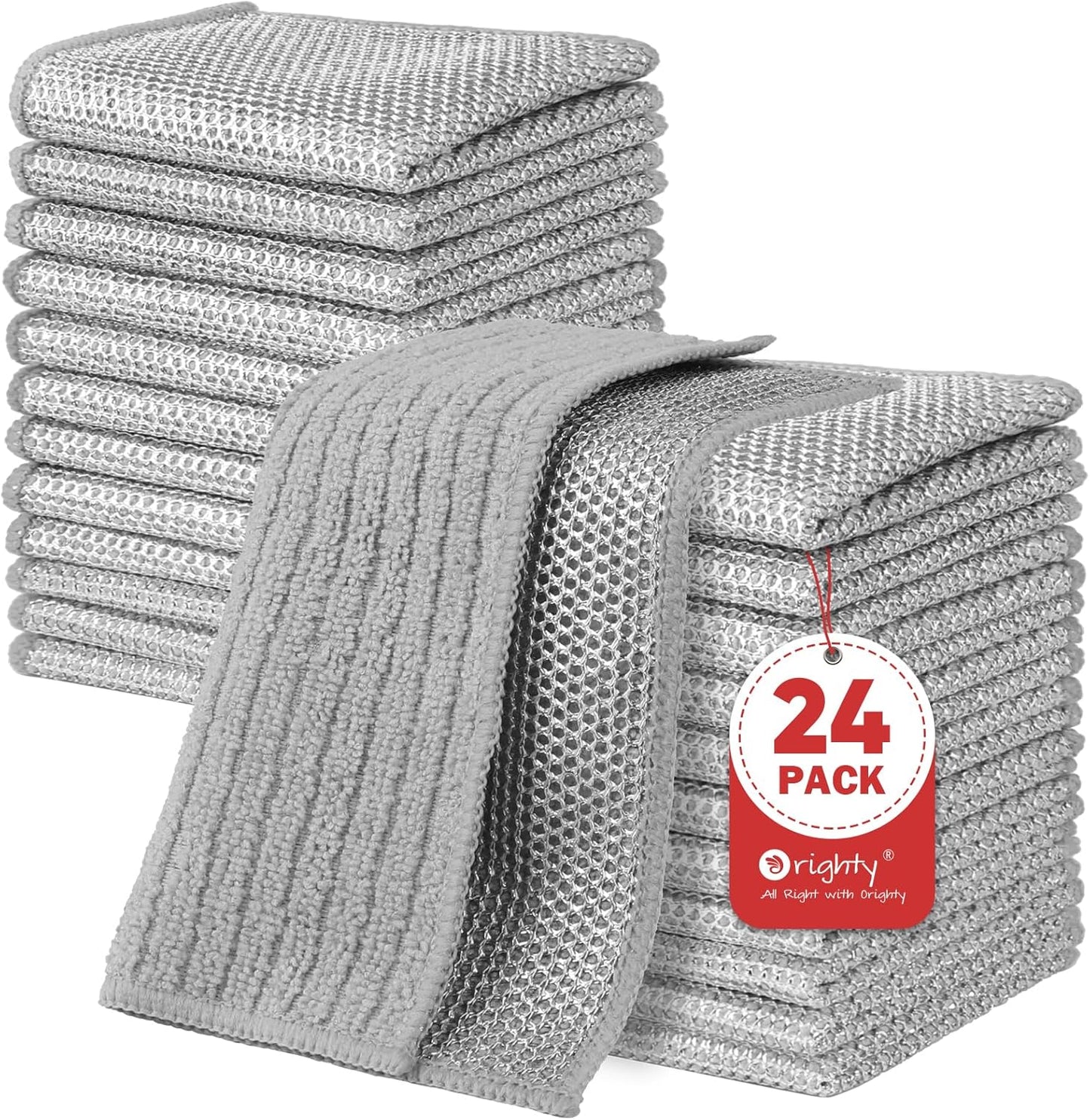 Orighty Multipurpose Wire Dishwashing Rag 24 Pcs, Upgraded Double-Layer Non-Scratch Wire Dish Cleaning Cloths, Reusable Steel Scrubber for Kitchen, Powerful Dishcloth Rag for Cookware, Grey, 7"x8"