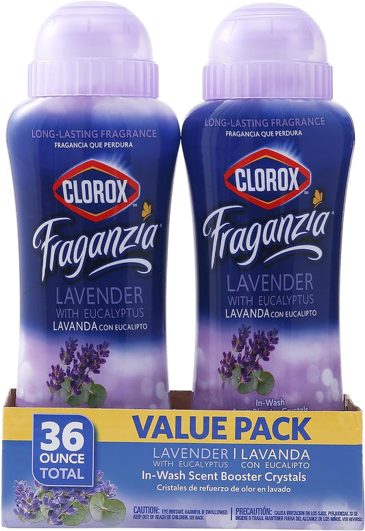 Clorox Fraganzia Laundry Scent Booster Crystals in Lavender with Eucalyptus Scent - Scented In-Wash Freshener Beads for Fresh, Clean, Great Smelling Clothes and Linens, 18 Oz - 2 Pack