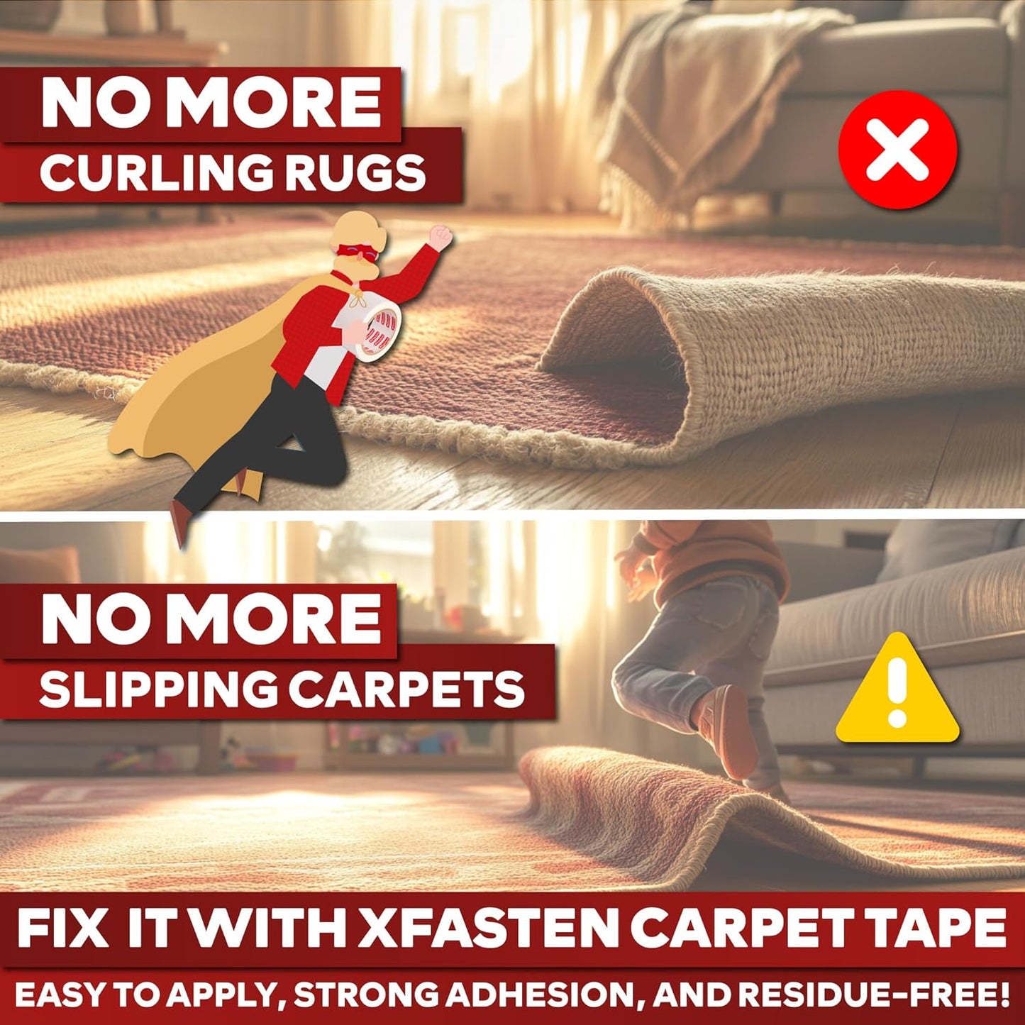 XFasten Double Sided Carpet Tape for Area Rugs, 2 Inch x 10 Yards 1-Inch Core – Heavy Duty Anti Slip Rug Grip Tape, Works as Rug Gripper, Wood Safe, Easy Removal for Hardwood and Laminate Floors