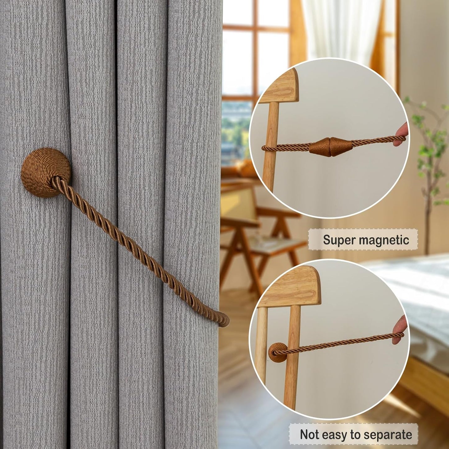 Magnetic Curtain Tiebacks 4 Pack Outdoor Rope Curtain Tie Backs Decorative Window Treatment Holdbacks for Home Decorative Curtain, Khaki