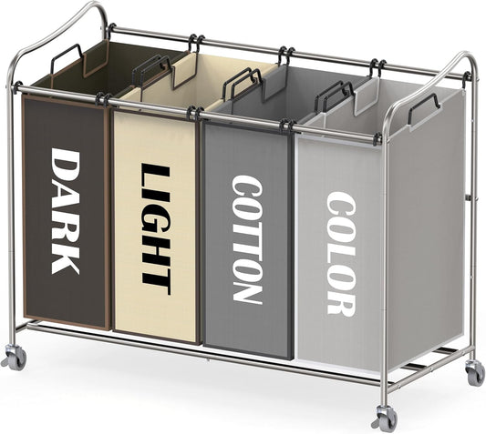 Simple Houseware 4-Bag Heavy Duty Laundry Sorter Rolling Cart, Silver/Assorted