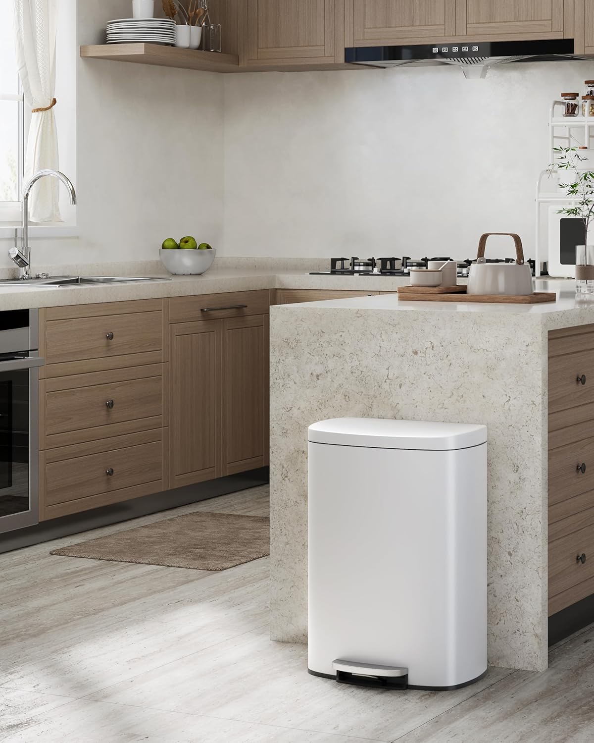 Garvee 13 Gal (50L) and 2.6 Gal (10L) Metal Trash Can Combo Set, Rustproof Garbage Can with Lid, Step-on Trash Bin with Inner Bucket, Rear Handle, White