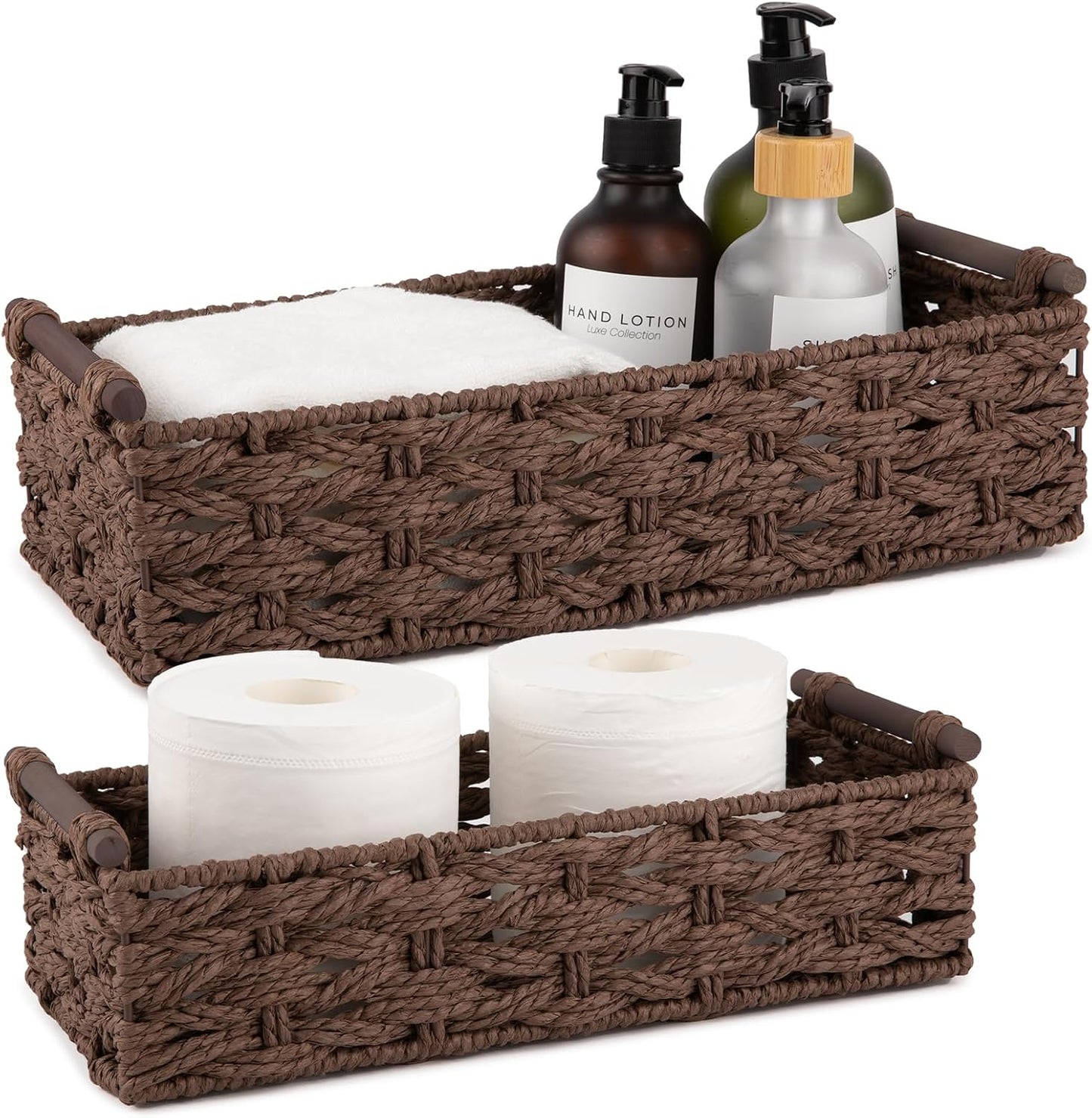 OIAHOMY Toilet Paper Baskets Handmade Paper Rope Decorative Wicker Storage Tank Shelf Cabinet Organizer for Bathroom Home, Set of 2, Brown