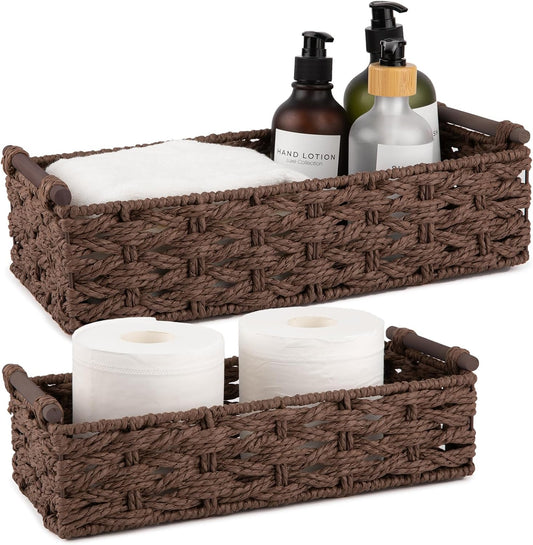 OIAHOMY Toilet Paper Baskets Handmade Paper Rope Decorative Wicker Storage Tank Shelf Cabinet Organizer for Bathroom Home, Set of 2, Brown