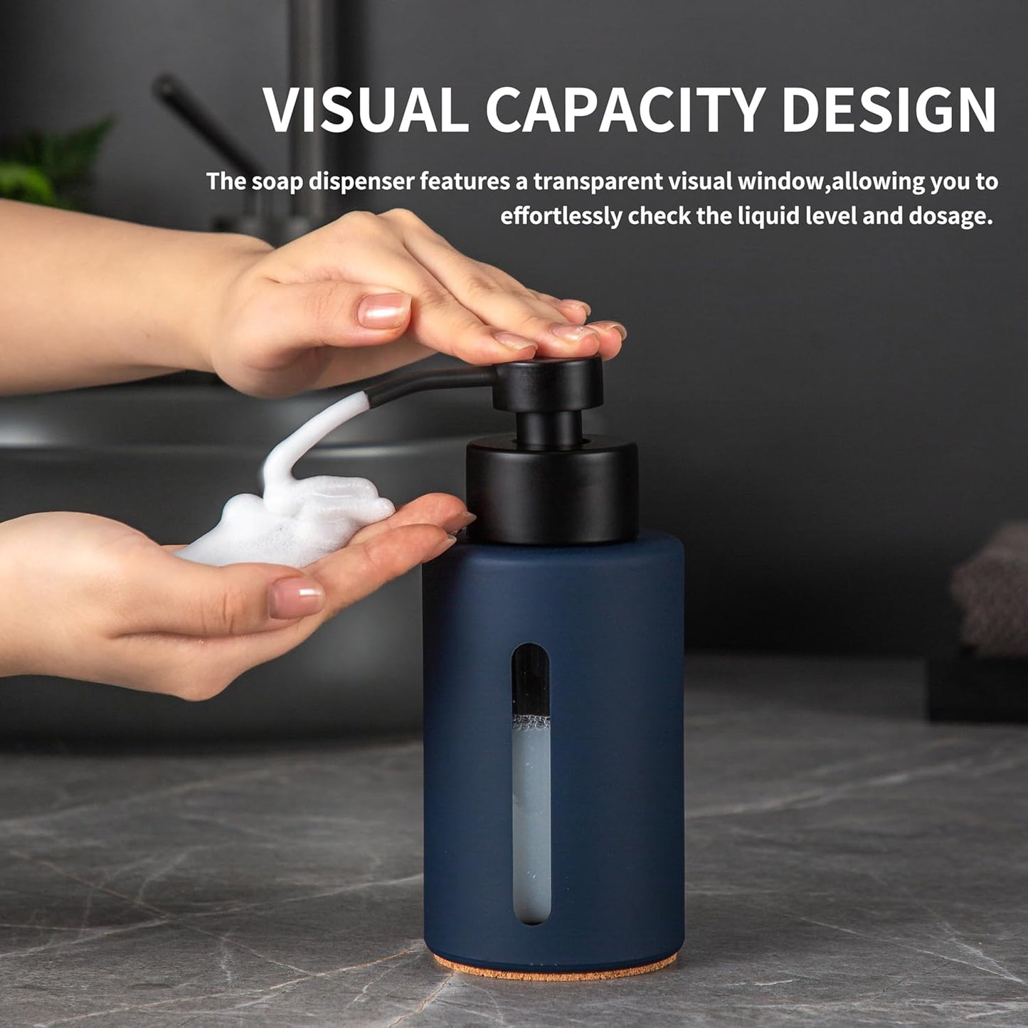 Enra Foaming Soap Dispenser with Window,12oz Blue Kitchen Soap Dispenser with Stainless Steel Hand Pump, Foam Modern Glass Refillable Bottle for Bathroom Kitchen (Blue Foam Dispenser)