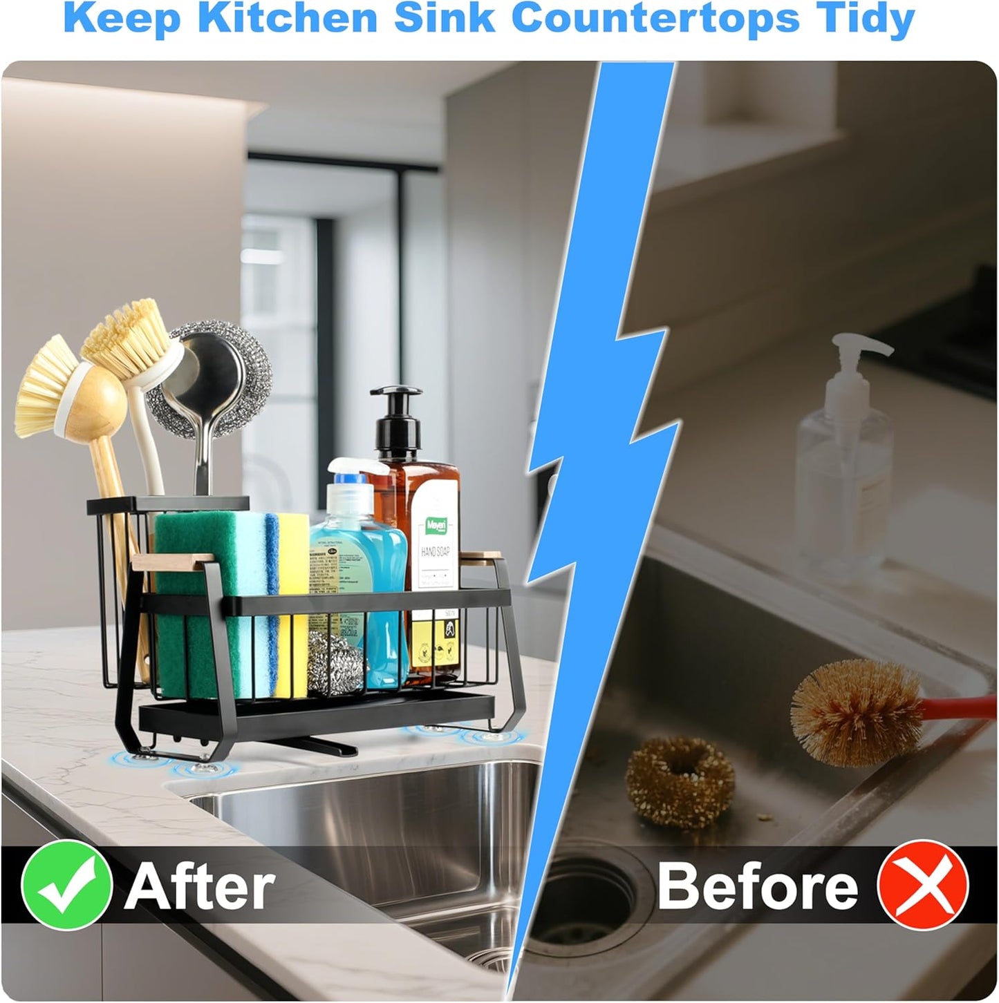 Suction Cup Sponge Holder for Kitchen Sink Caddy Organizer Rack for Dish Brush Holder and Soap Dispenser, Stainless Steel Sink Sponge Caddy for Bathroom Countertop Storage Auto Drain