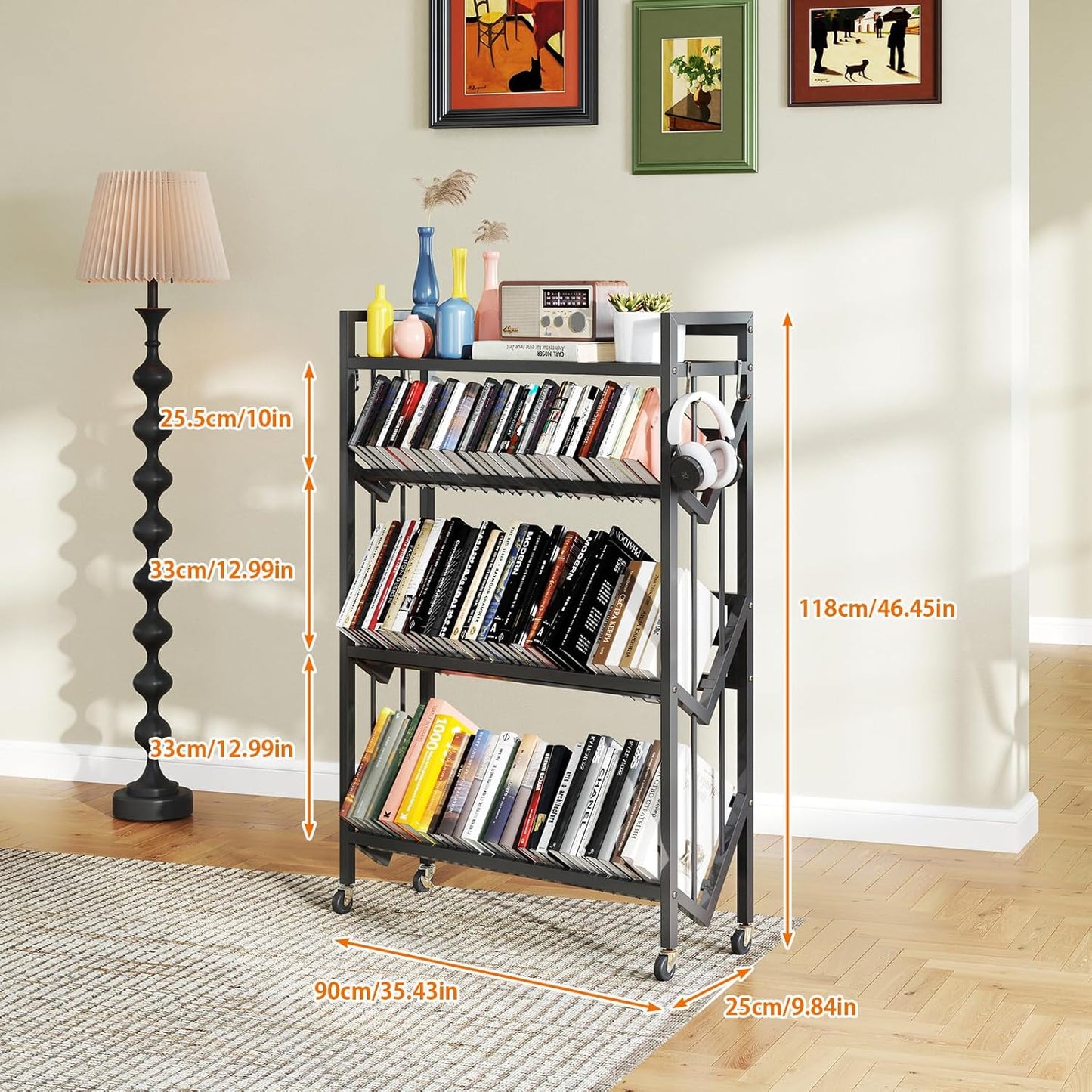 Book Carts 4 Tier 46.5x35.4x9.84 in Rolling Book Cart Large Capacity Bookshelf Storage Rack Mobile Book Storage with Wheels Cart for Home Office Living Room Classroom (Black)