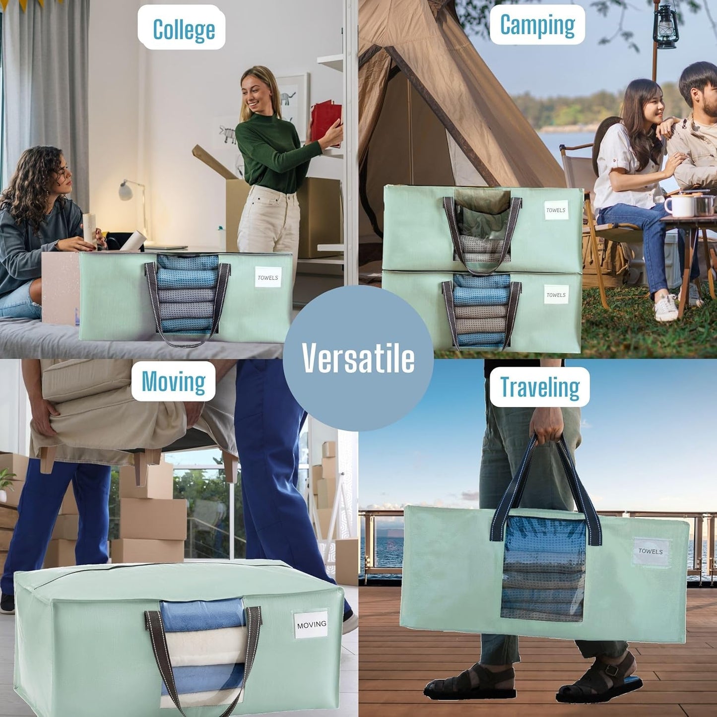 VENO 2 Pack Moving Bags for College, Heavy-Duty Storage Totes, Moving Boxes and Wardrobe Packing Supplies Alternative - Extra Large Durable Laundry Bags for Clothes (Shiny Light Green, 2 Pack)