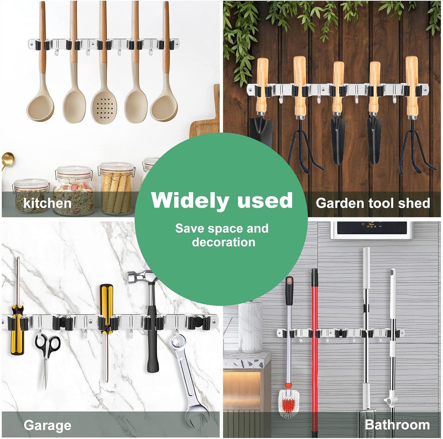 5Pcs 5 Racks 4 Hooks Stainless Steel Broom Mop Holder Anti Slip Wall Mount Broom Storage Rack Strong Load Bearing Waterproof Mop Broom Organizer for Bathroom Kitchen Garage