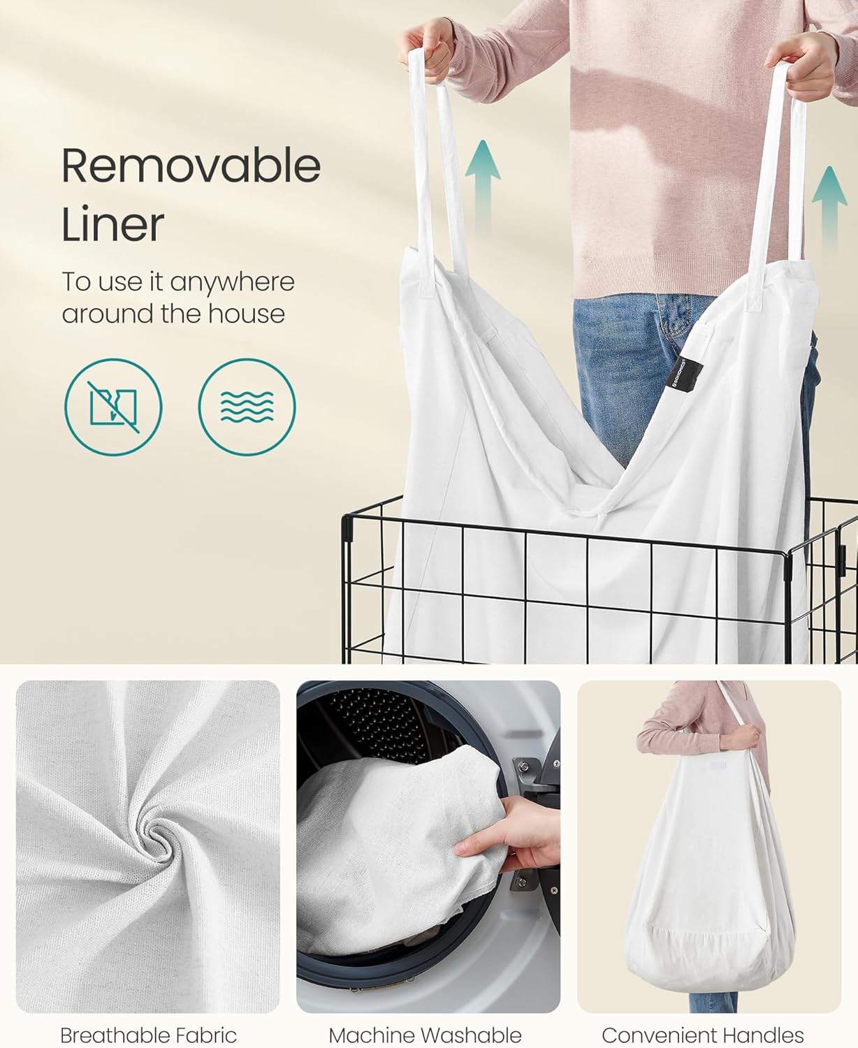 SONGMICS Laundry Hamper, 34.3 Gal. (130L) Laundry Basket, Collapsible Clothes Hamper, Removable and Washable Liner, Metal Wire Frame, for Bedroom Bathroom, Cream White ULCB113W01