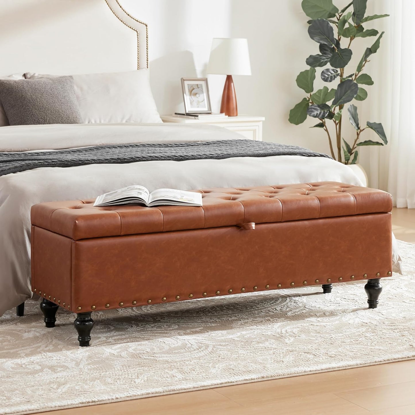 50" Storage Ottoman Bench, Tufted Ottoman with Storage for Living Room, Large End of Bed Ottomans, Modern Entryway Benchs, Window & Bedroom Benches for Foot of Bed (Brown)