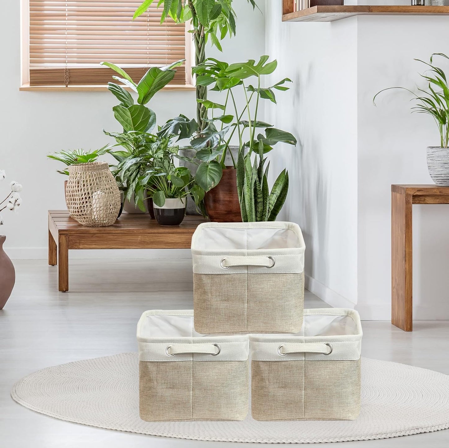 SIMPLE HOUSEWARE Large Fabric Storage Bin, 14.4" x 10" with Handles, 3-Pack, Foldable Organizer for Closet and Shelf, Beige