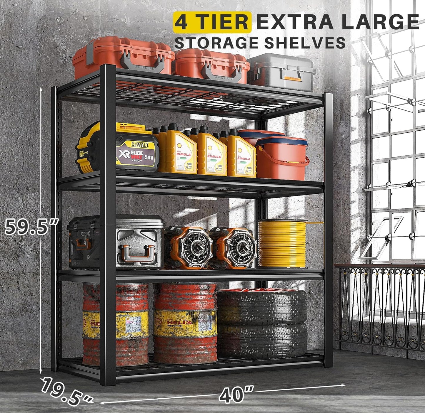REIBII 40" W Garage Shelving 2240 LBS Storage Shelves Adjustable Metal Shelving Heavy Duty 4 Tier Metal Shelves for Garage Kitchen Pantry Warehouse Basement 40" W × 19.5" D × 59.5" H