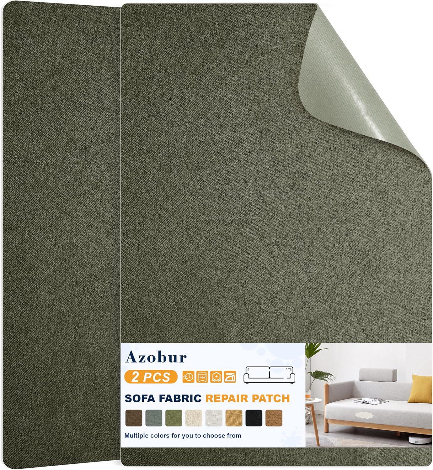 Azobur Couch Patch Repair Fabric,Microfiber Fabric, Self-Adhesive, for Sofa Repair and Upholstery, 2 Pieces, 9.5 x 11 inches (Olive Green)