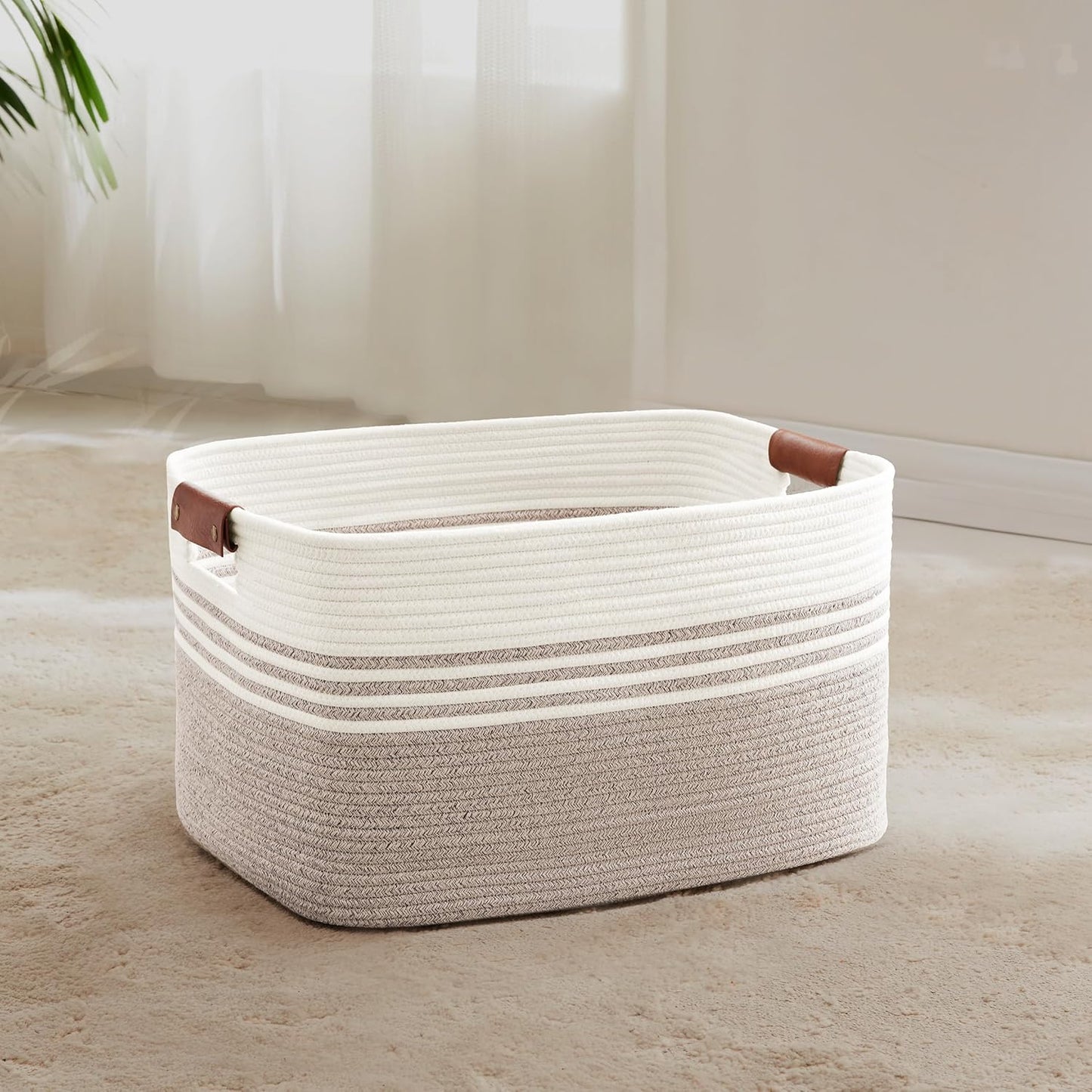 45L Small Laundry Basket with Leather Handles for Living Room Storage, Woven Rope Baskets Bin for Blanket, Kids Toy, Gifts, Wicker Hamper for Bedroom Dirty Clothes, 18"x14"x11" White Brown