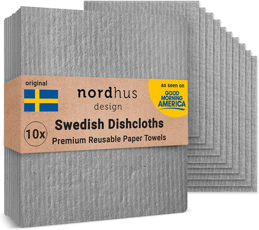 Nordhus Design Swedish Dishcloths, Grey 10-Pack, Reusable, Washable Cellulose Cotton Kitchen Cloths - Replace Paper Towels, Wipes, Sponges, Dish Rags
