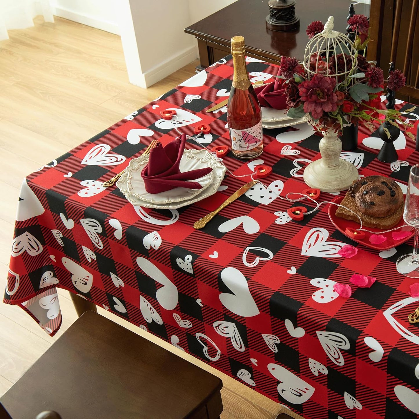 Red Gingham Plaid Love Heart Tablecloth - Valentines Day Rectangular 58x102 Inch Water Resistant Table Cloth for Indoor/Outdoor Use - Holiday Table Cover for Kitchen, Picnics, and Parties