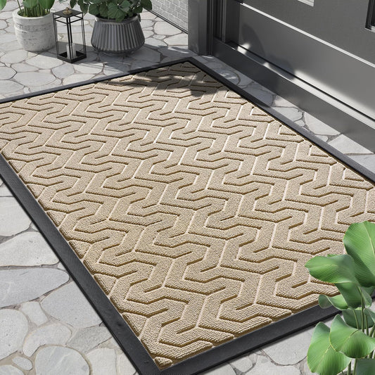 Yimobra Front Door Mat Outside Entrance 29.5x17, Waterproof Heavy Duty Outdoor Mats for Front Door, Non Slip Rubber Entry Mat for Garage Patio, Light Beige
