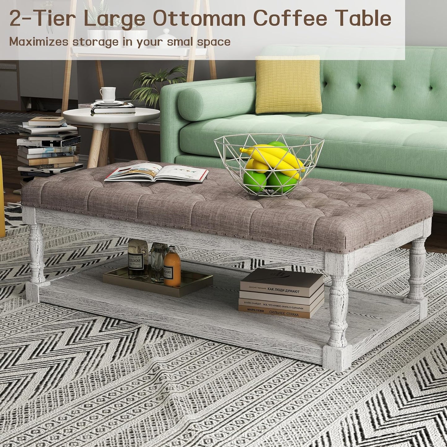 48" Large Ottoman with Storage Coffee Table, Upholstered Tufted Linen Ottoman Bench with Solid Wood Shelf for Living Room, Bedroom, Holds 250lbs (Light Gray)