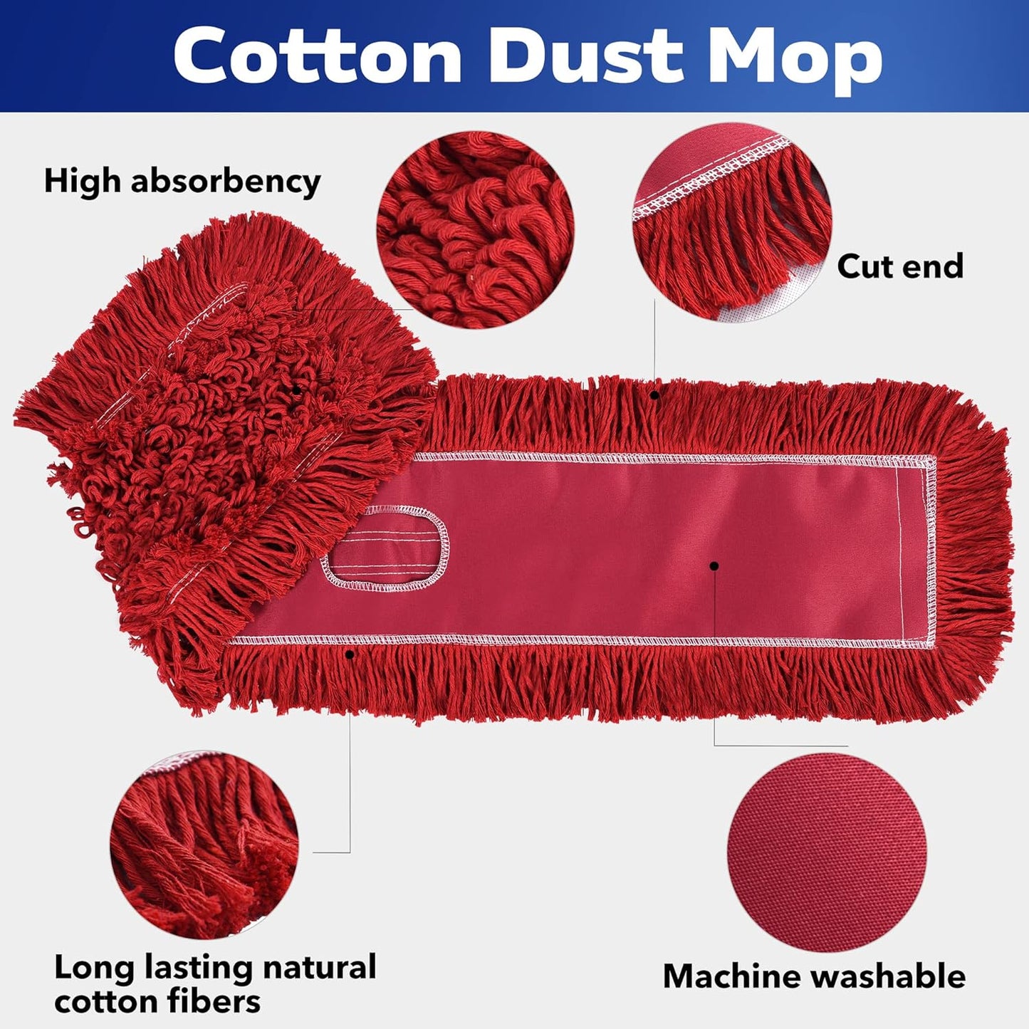 Matthew Cleaning 36'' Industrial Strength Cotton Dust Mop Refill Washable Replacement Heads for Residential & Commercial Use Fit Standard Dust Mop Frames, Hardwood, Concrete Floors Red 1 Pack