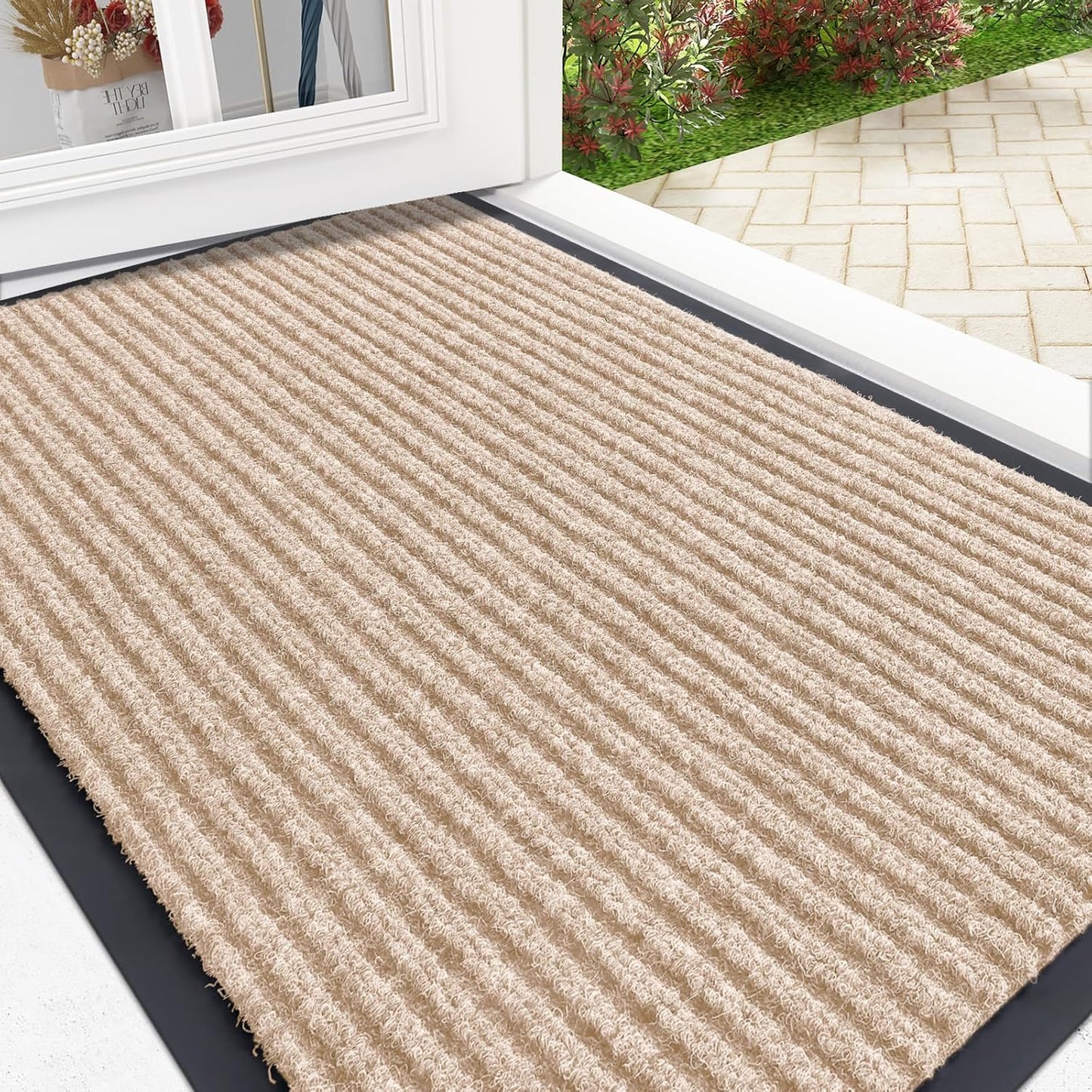 OLANLY Front Door Mat Indoor Outdoor Entrance, Waterproof Heavy Duty Doormat, Fade Resistant, Low Profile, Easy Clean Patio Porch Welcome Floor Mats for Entry, 29.5x17, Beige