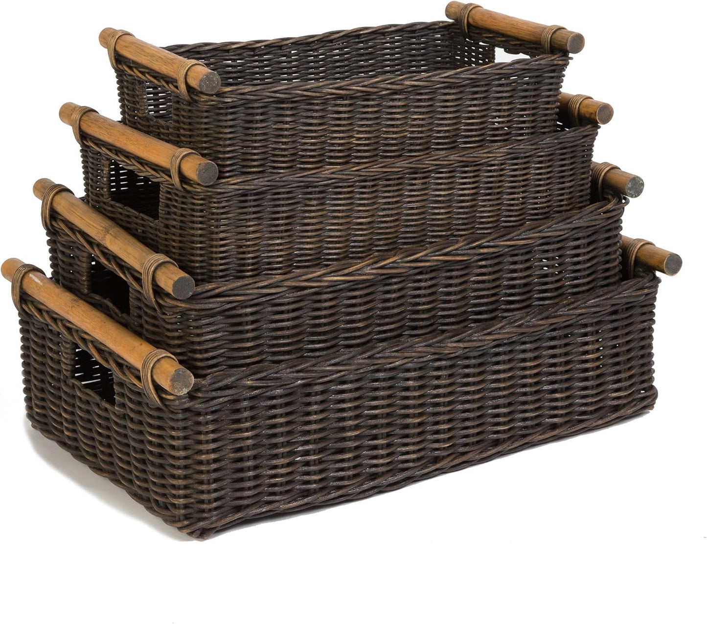 The Basket Lady Low Pole Handle Wicker Storage Basket, Extra Large, 21.5 in L x 14.5 in W x 6.5 in H, Antique Walnut Brown