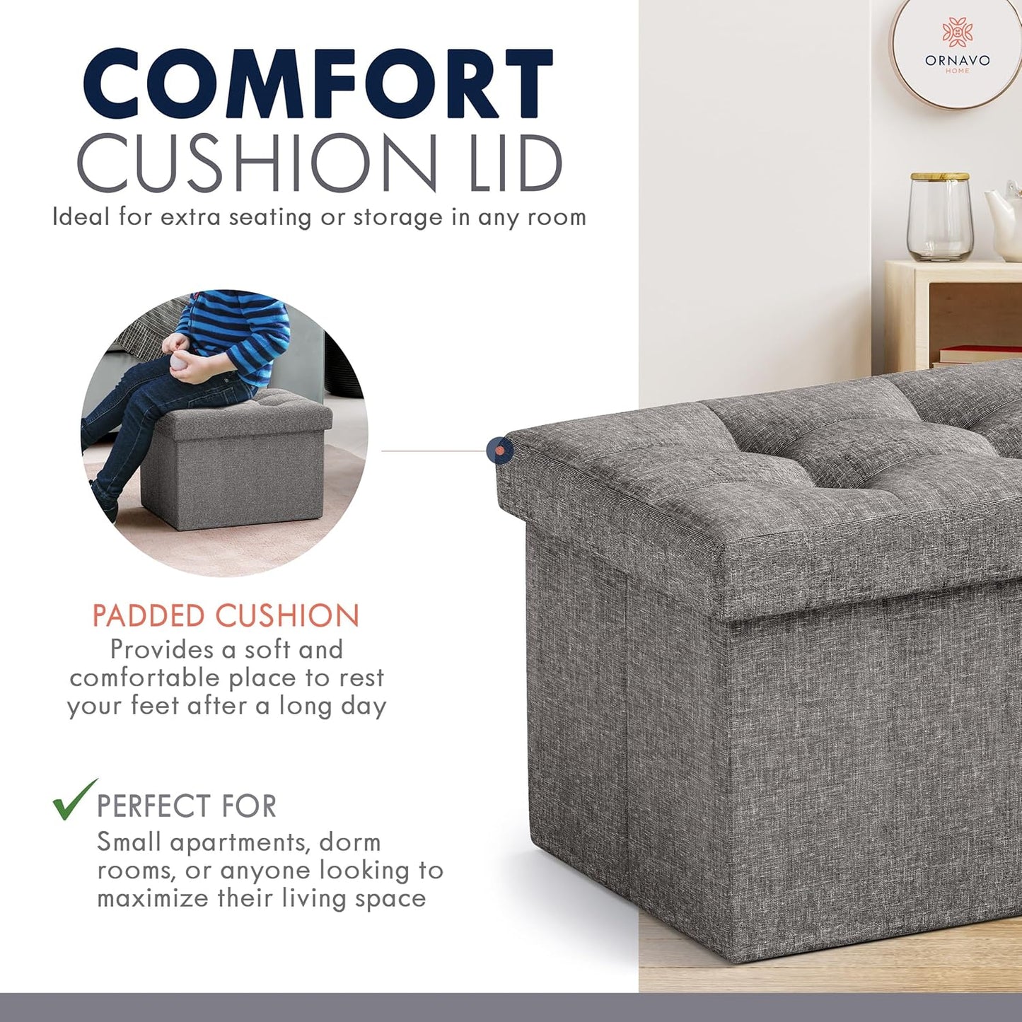 Ornavo Home Small Storage Ottoman Foldable Collapsible Rectangle Linen Ottoman Foot Rest Stool Seat, for Living Room, Bedroom, Home Office, Dorm - 12 x 16 x 12, Dark Gray