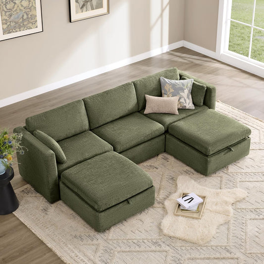 CHITA Oversized Modular Cloud Sectional Fabric Sofa Set, FSC Certified U Shaped Couch Reversible Chaise Modular Sectional,112 inch Width,5 Seat Modular Sofa Includes 2 Storage Ottomans, Moss Green