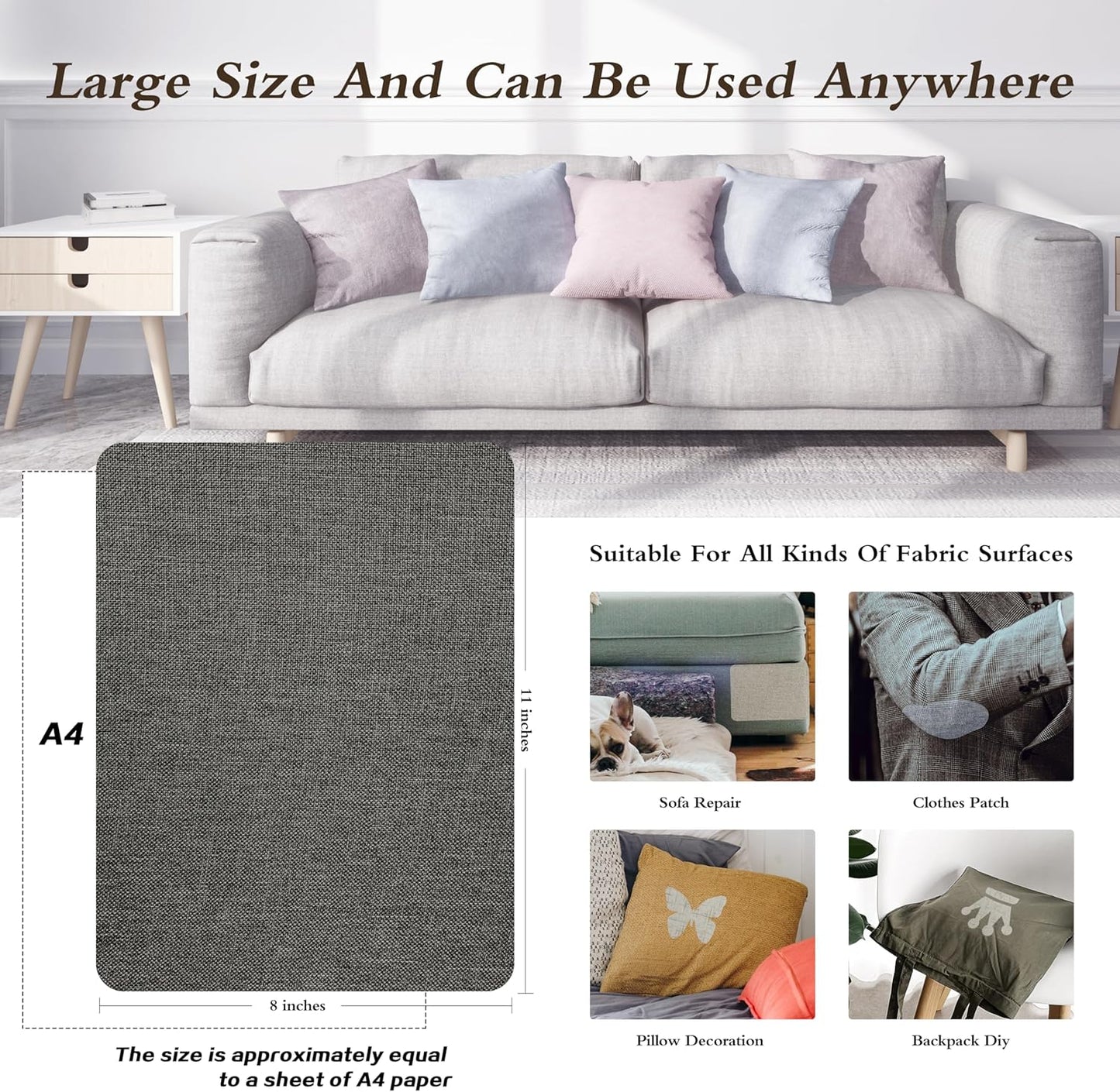 KING MOUNTAIN Fine Linen Repair Patches, Self-Adhesive Linen Fabric Patches, 8X11 inch Extra Size, Multi Color, Can be Used for Linen Sofa Repair and Linen Clothes Repair(8" x 11",Dark Grey 2.0)