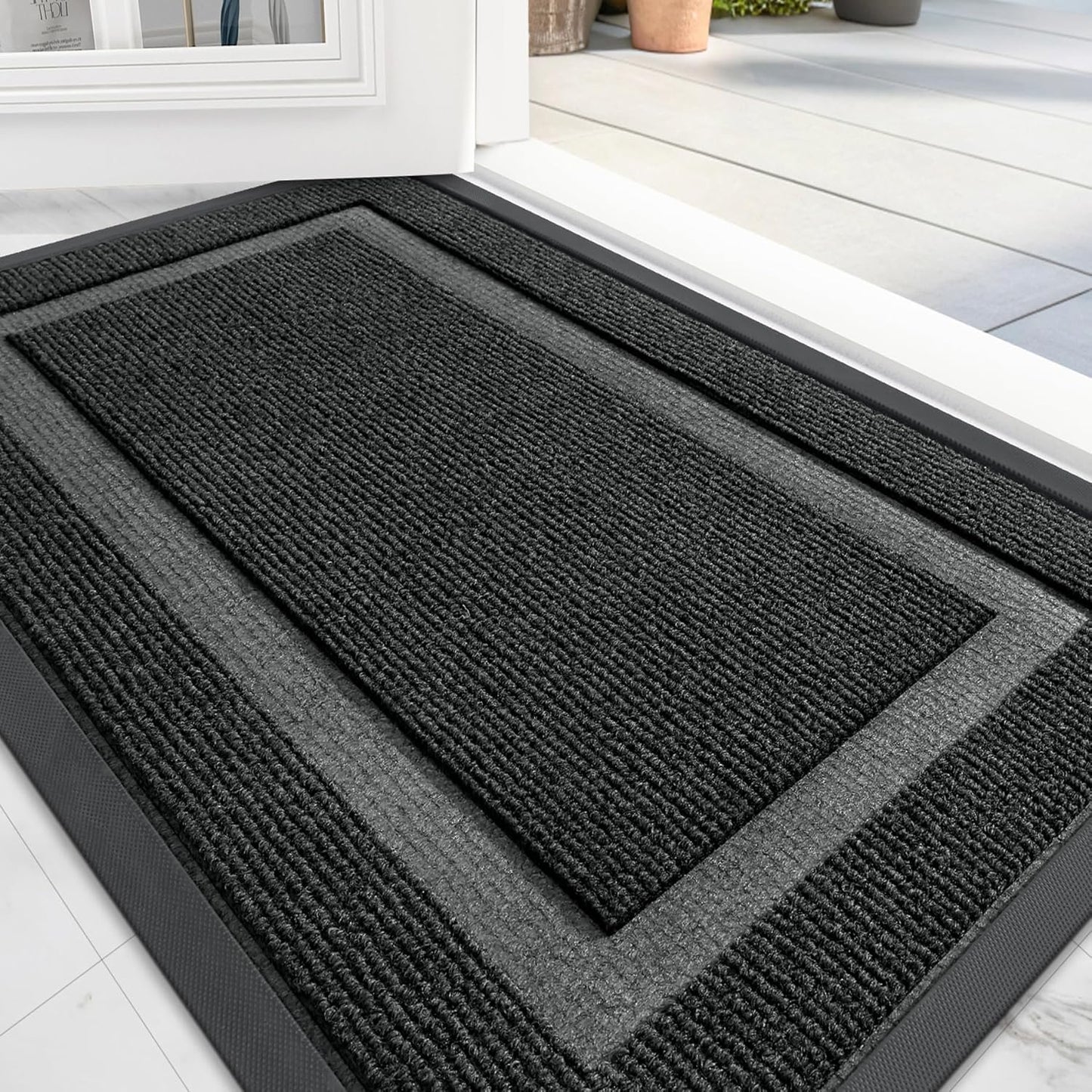 OLANLY Front Door Mat Indoor Outdoor Entrance, Waterproof All-Season, All-Weather Doormat, Sturdy Natural Rubber, Fade Resistant, Low Profile, Easy Clean Patio Porch Entryway Mat, 59x35, Black
