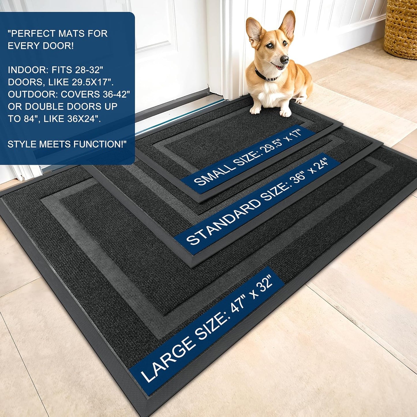OLANLY Front Door Mat Indoor Outdoor Entrance, Waterproof All-Season, All-Weather Doormat, Sturdy Natural Rubber, Fade Resistant, Low Profile, Easy Clean Patio Porch Entryway Mat, 59x35, Black