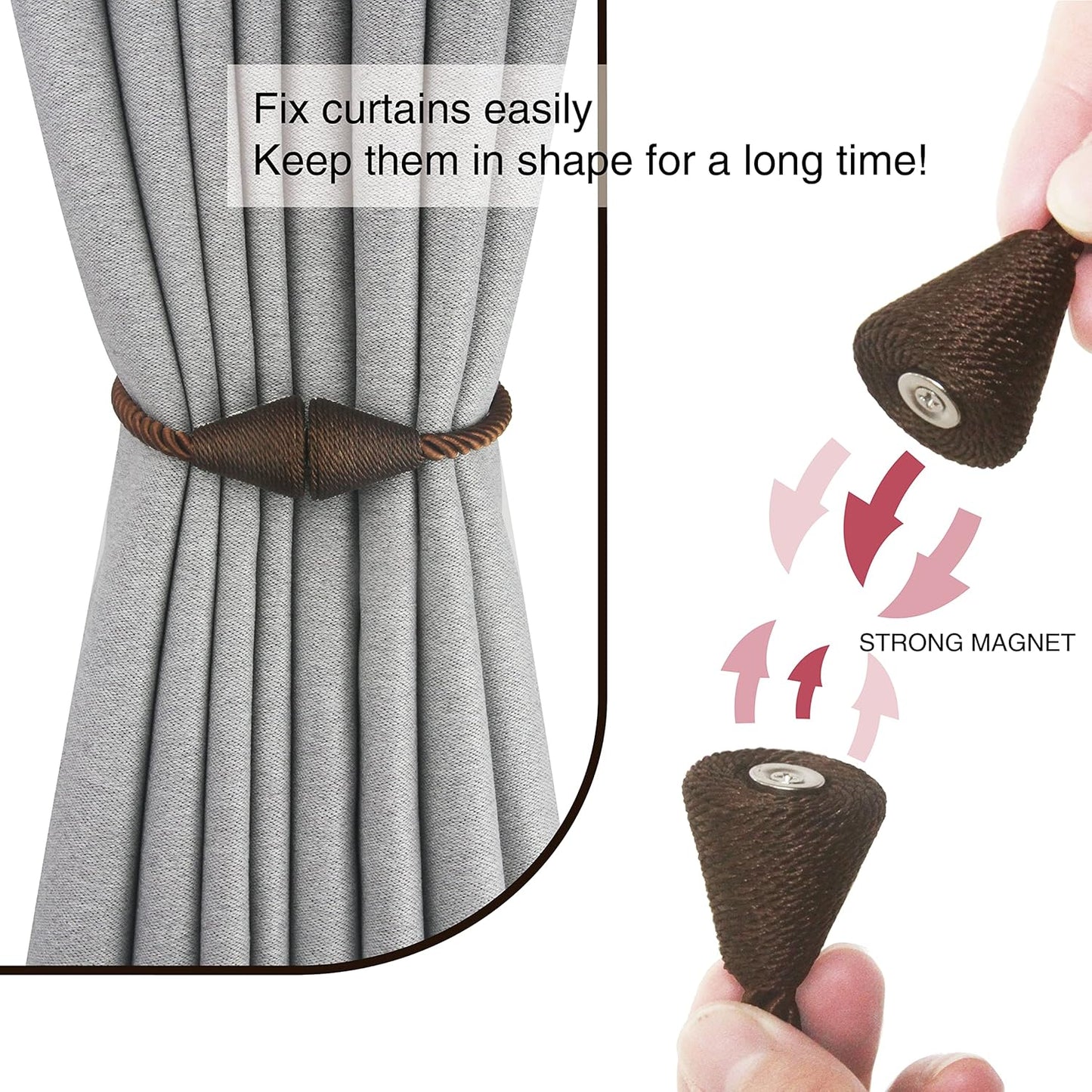 6 Pack Magnetic Curtain Tiebacks Rope Modern Handmade Curtain Tie Backs Decorative Drapes Weave Holdbacks for Window Décor, Coffee