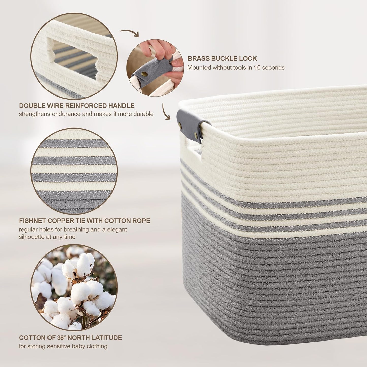 60L Large Laundry Basket with Leather Handles for Living Room Storage, Woven Rope Baskets Bin for Blanket, Kids Toy, Gifts, Wicker Hamper for Bedroom Dirty Clothes, 21"x15"x11" White Grey