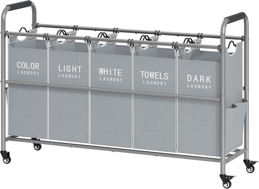 Tajsoon 5 Bag Laundry Sorter Cart, Laundry Hamper Sorter Basket with Heavy Duty Lockable Rolling Wheels for Clothes Storage, Grey & White