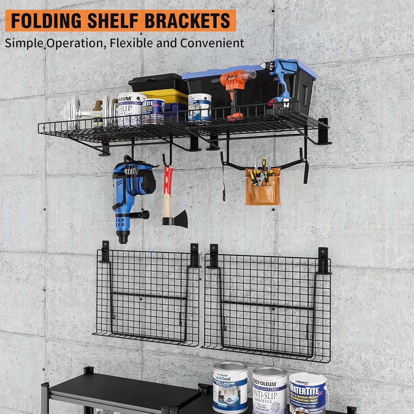 2 Pack Foldable Wall Shelf, Wall Mounted Garage Storage Shelves, Heavy Duty Wall Shelving Supports Up To 90 LBS. Floating Shelves With 4 Hooks Metal Storage Rack for Office, Kitchen and Laundry Room