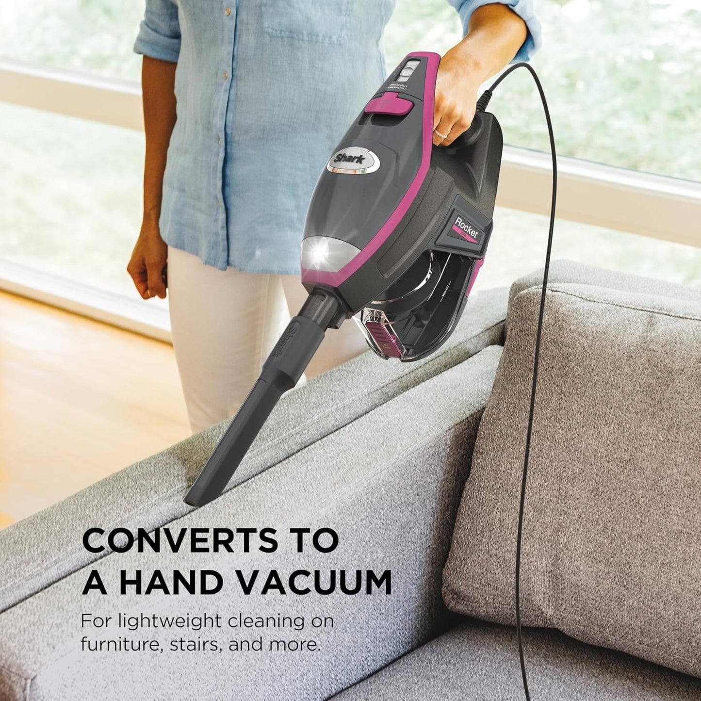 Shark HV371 Rocket Pro DLX Corded Stick, Removable Hand Vacuum, Advanced Swivel Steering, XL Cup, Crevice Tool, Upholstery Tool & Anti-Allergen Dust Brush, Fuchsia, Capacity